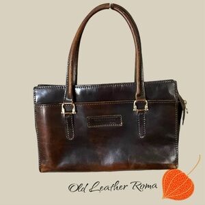 Rudy Of Rome Leather Vintage Handbag Tote Made in Italy Purse Brown Gold Accent